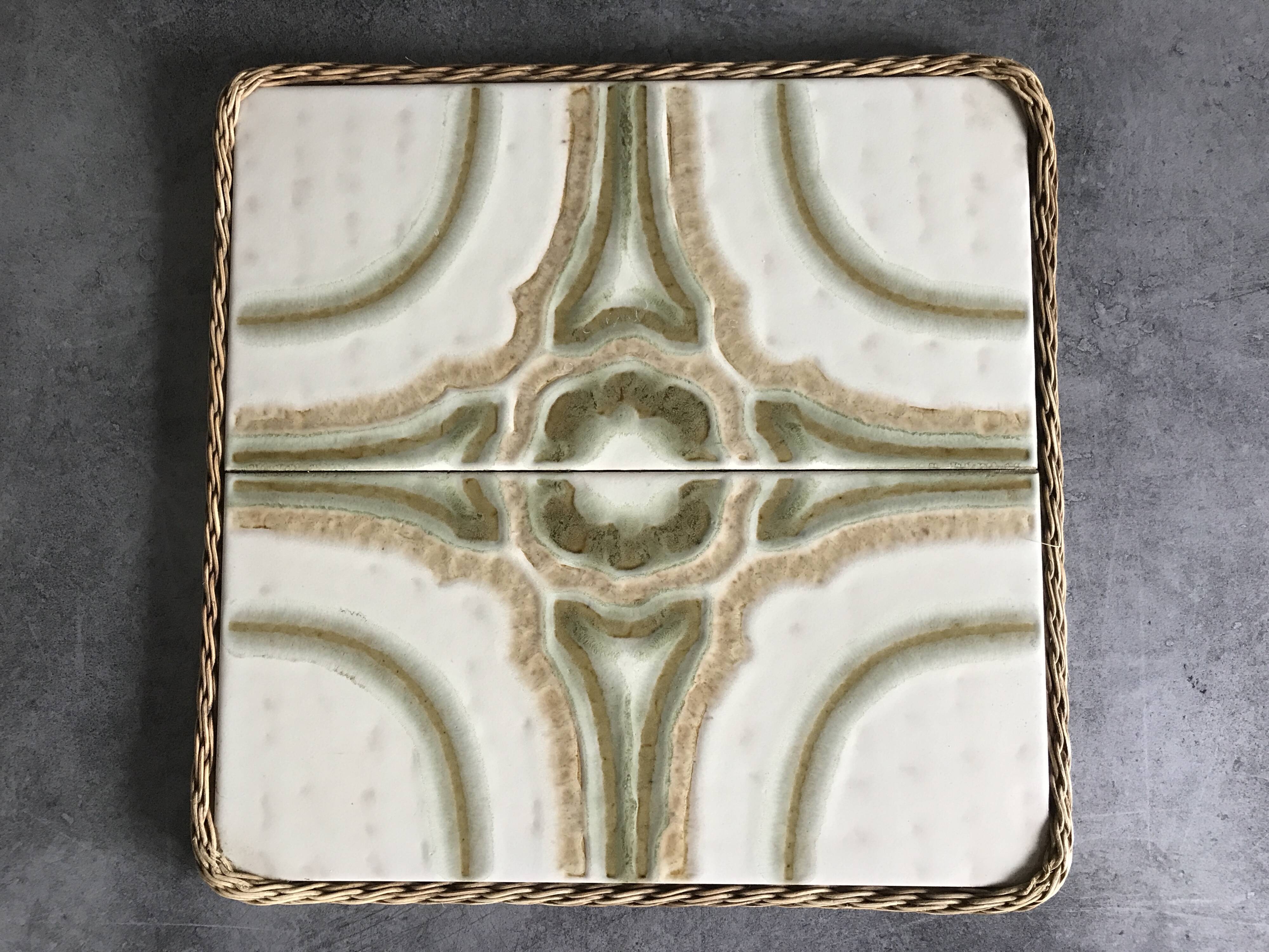 Ceramic tile trivet with vintage pattern woven wicker outline