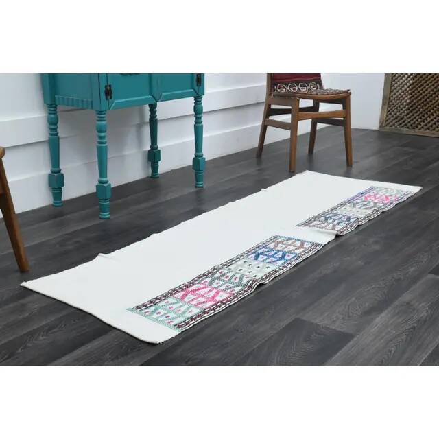 1970s Vintage Turkish Handwoven Wool Cotton White Runner Rug 69x215
