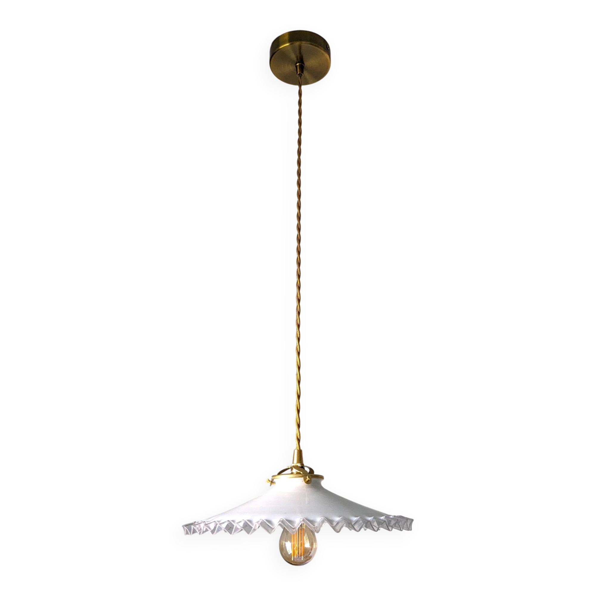 Vintage suspension in lace opaline, elegant light fixture with soft light.