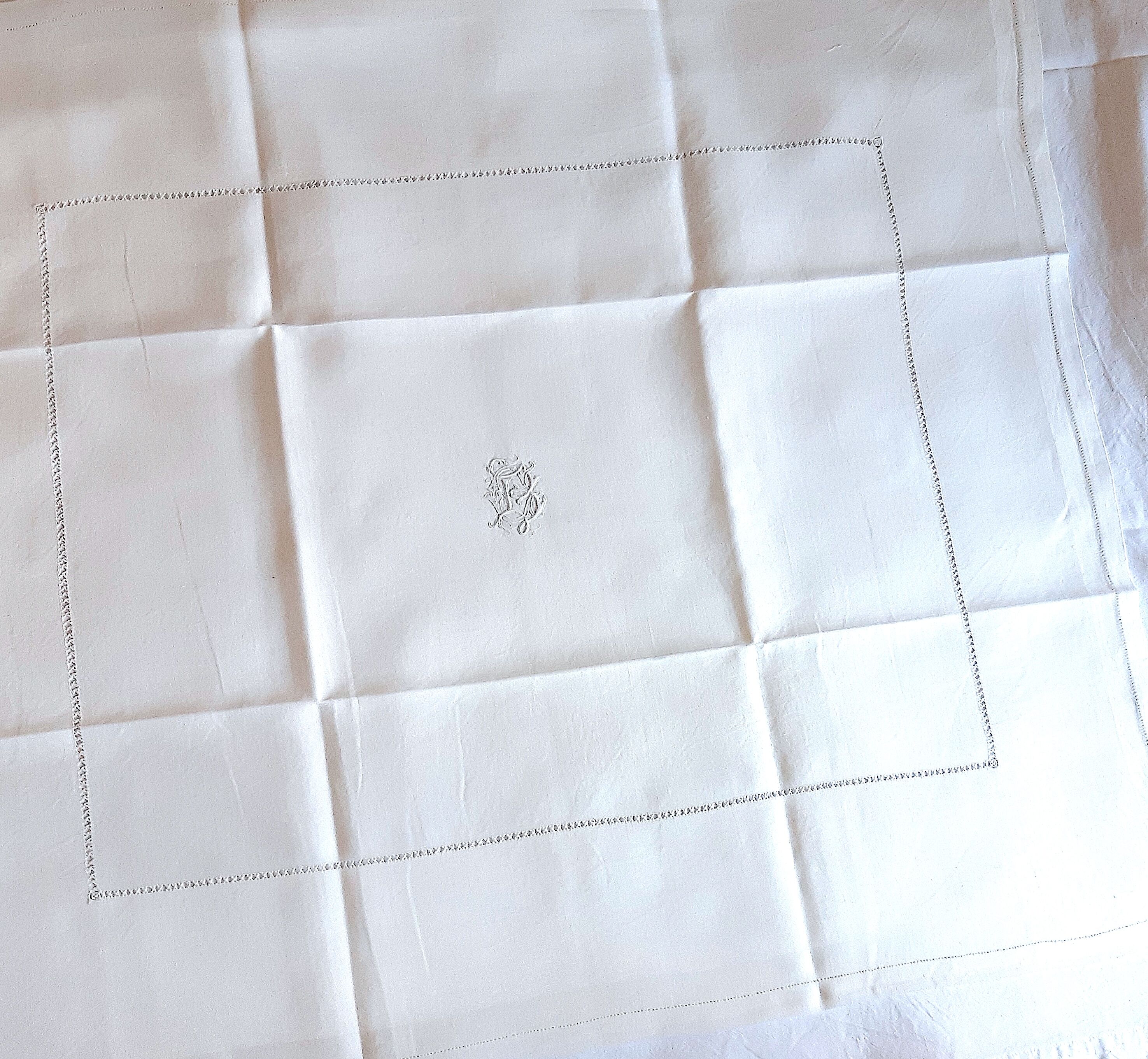 Set of 8 satin damask tablecloths, 19th, monogrammed "BG"