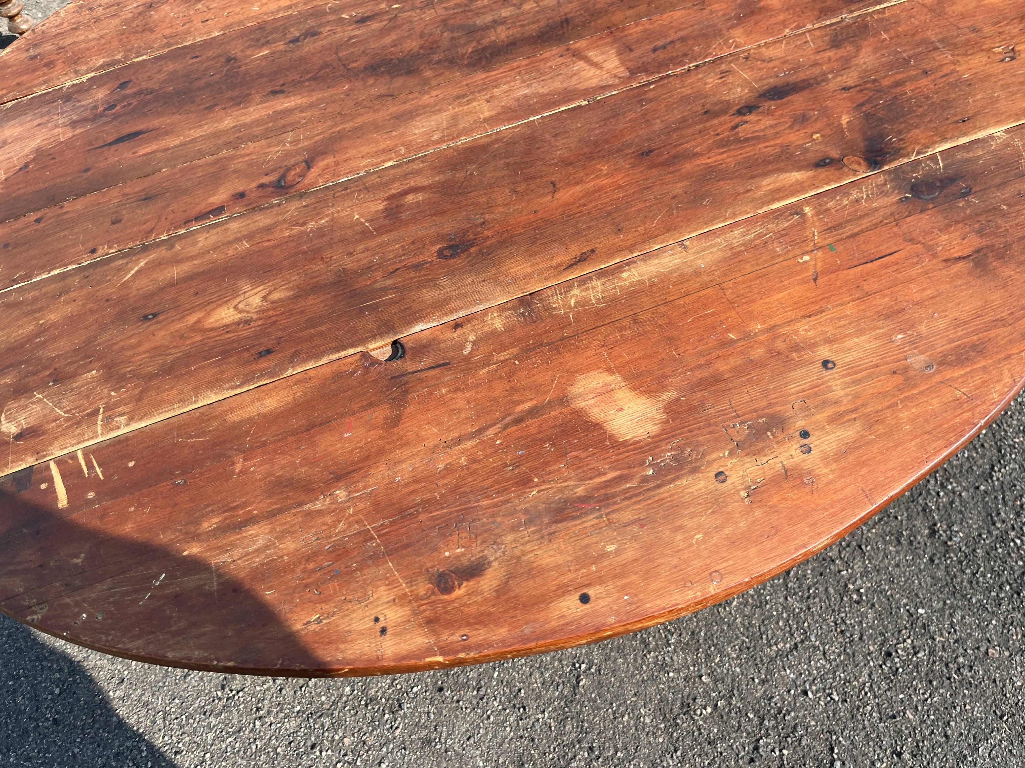 Antique rustic round wooden table 121cm, straight base