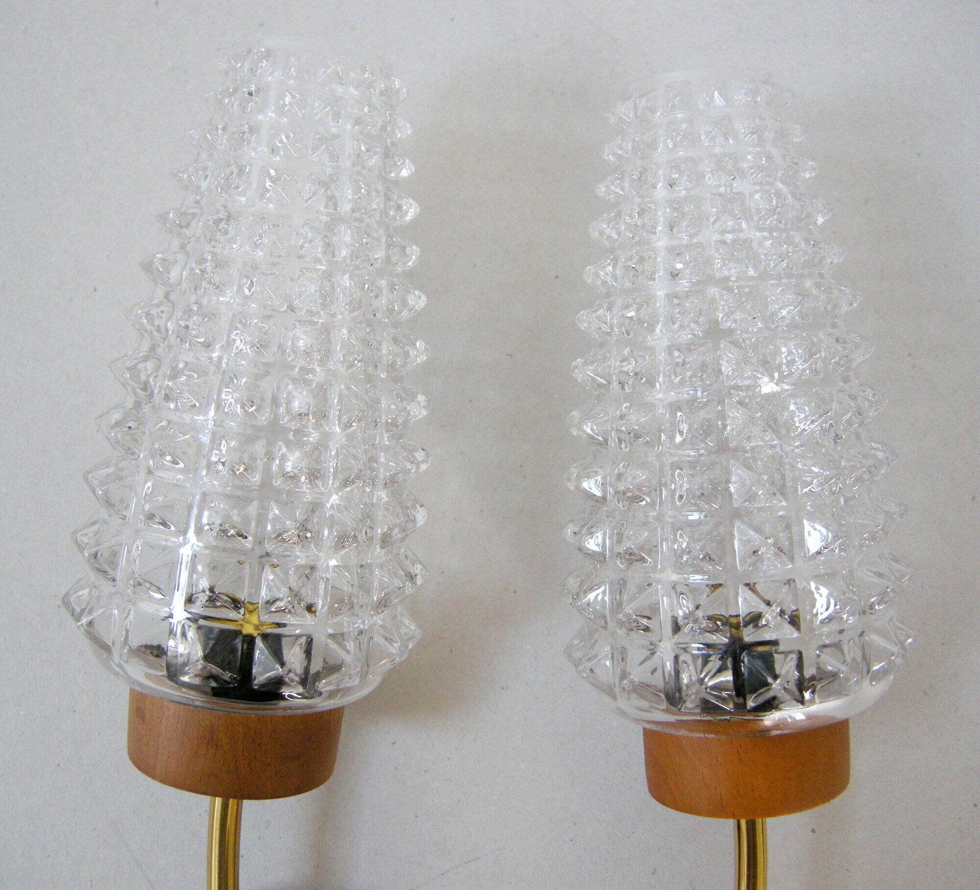 Pair of vintage wall lamps 1960 brass wood & glass