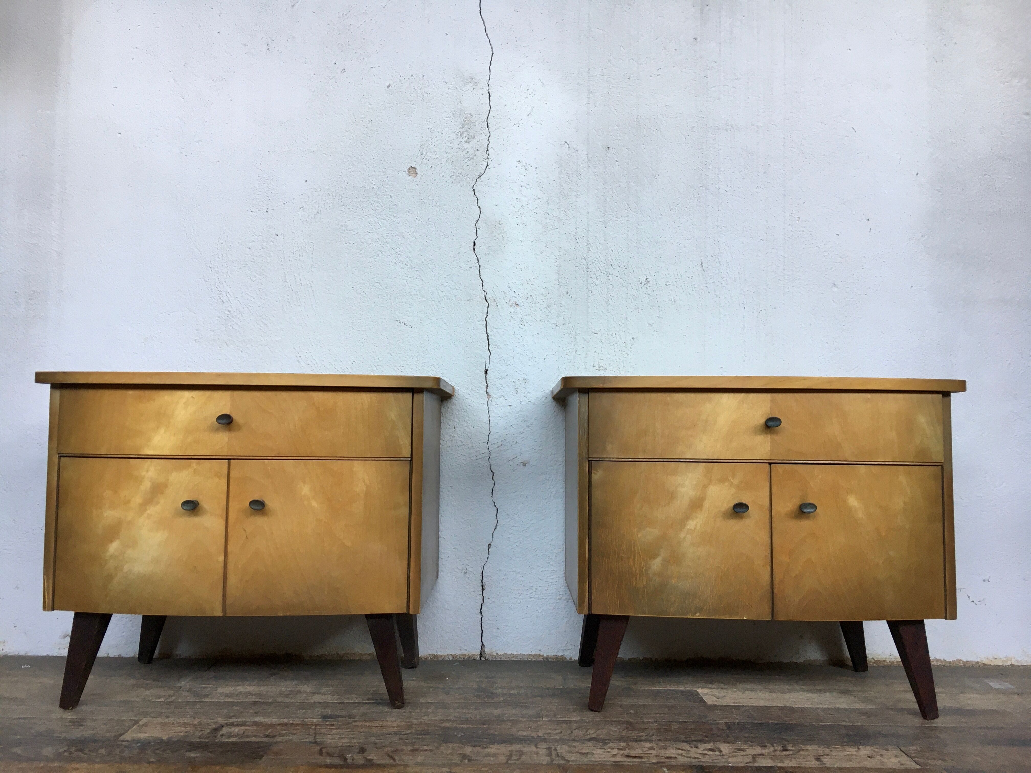 Paire de tables de nuit pieds compas chevet bout de canapé vintage ancien 1950 1960 rétro