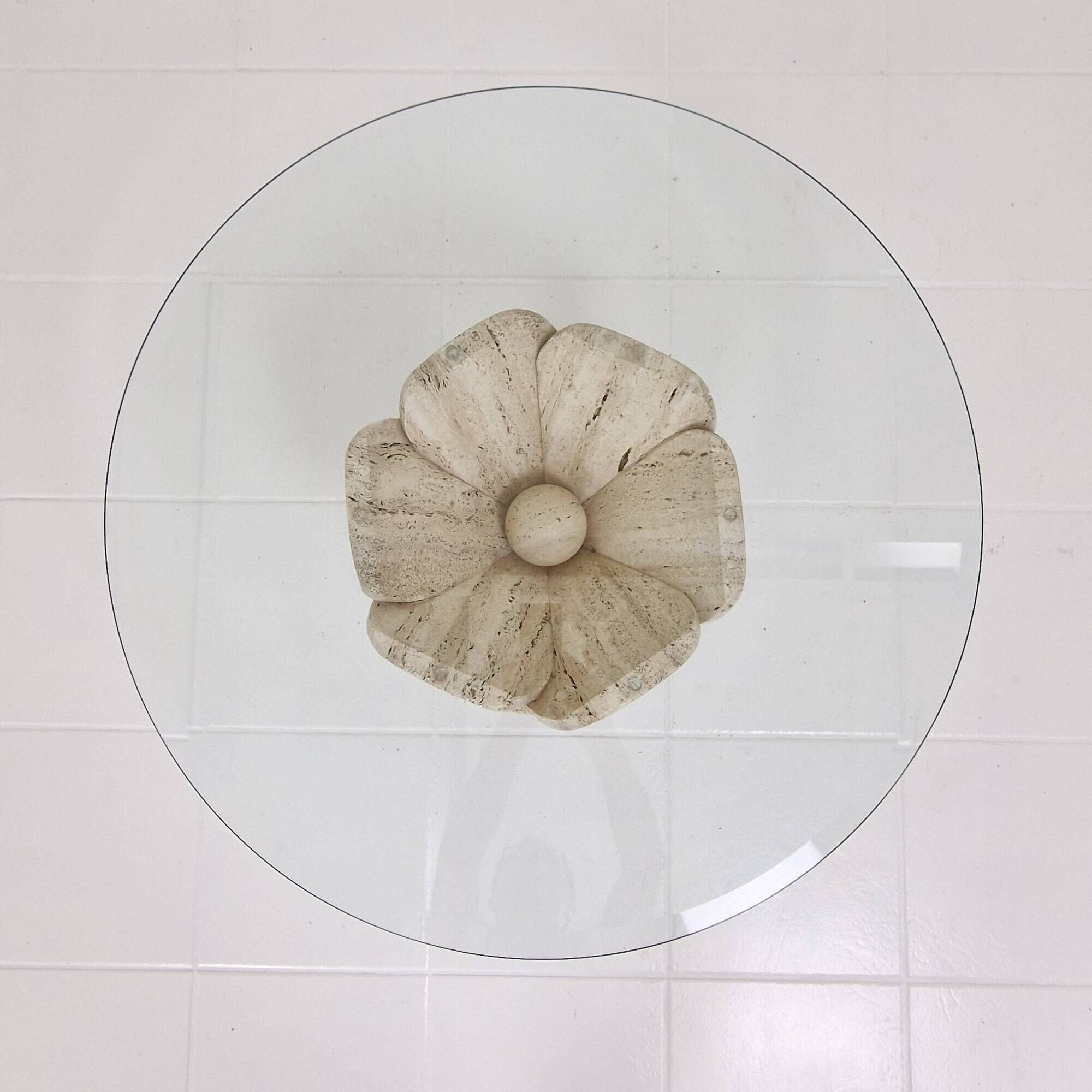 Italian "Flower" Coffee Table in Travertine With Facet-cut Round Plate, 1980s