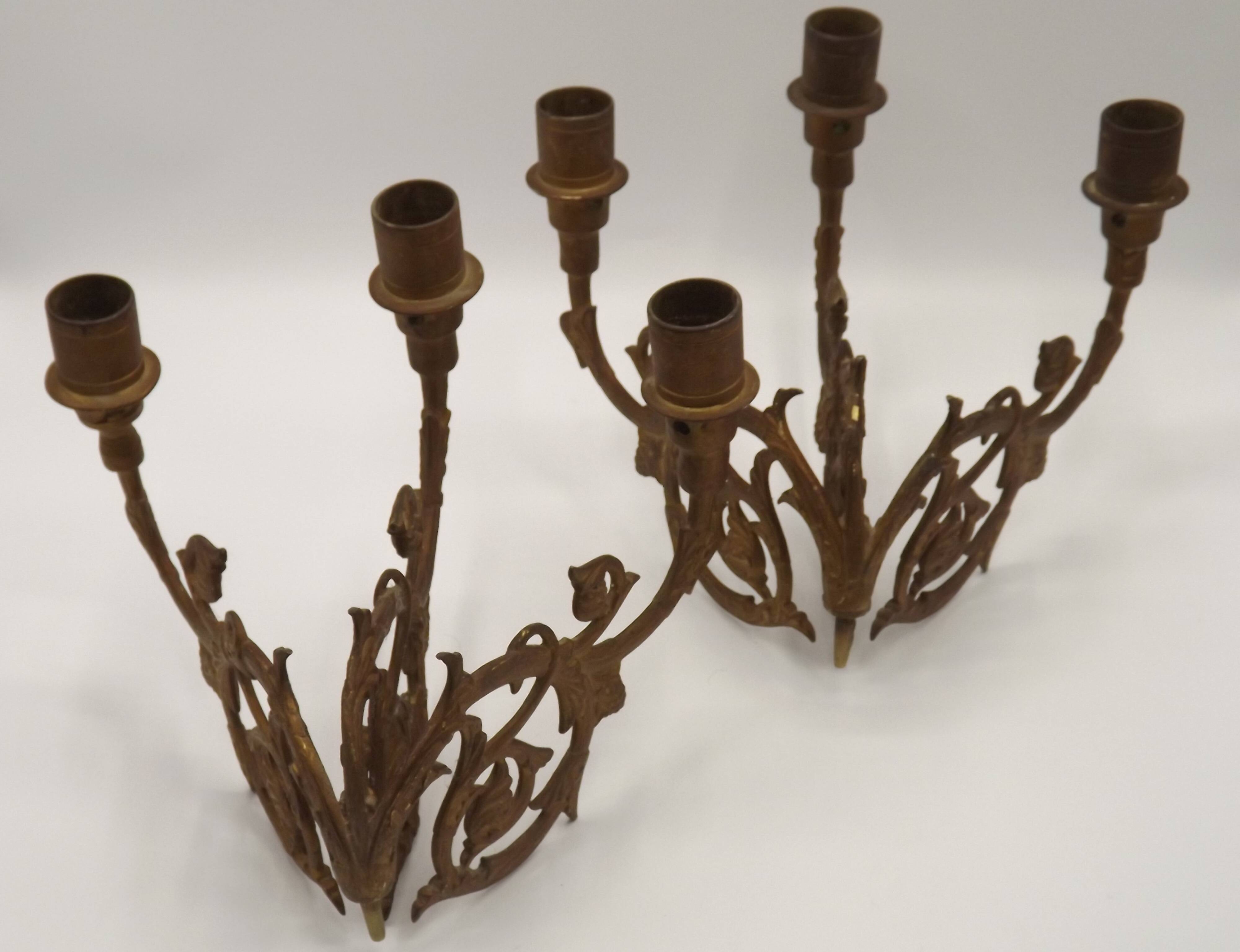 Stunning Pair of Large Antique 3-Arm Gilt Bronze Piano Sconce Candle Holders 4916