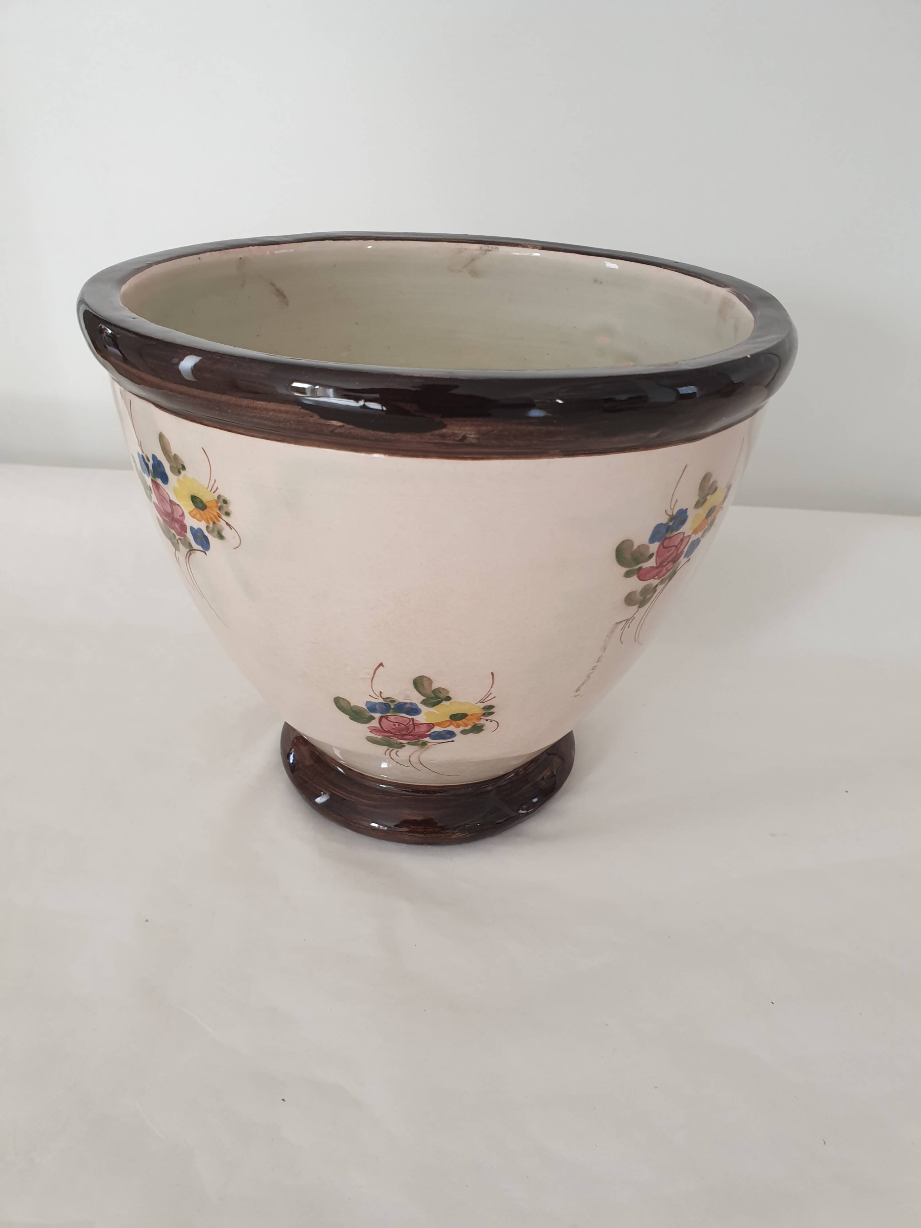 Large ceramic flowerpot with painted flower decoration Signed Massier Vallauris