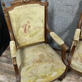 Series of 4 Louis XVI armchairs with tapestry of La Fontaine's fables circa 1850
