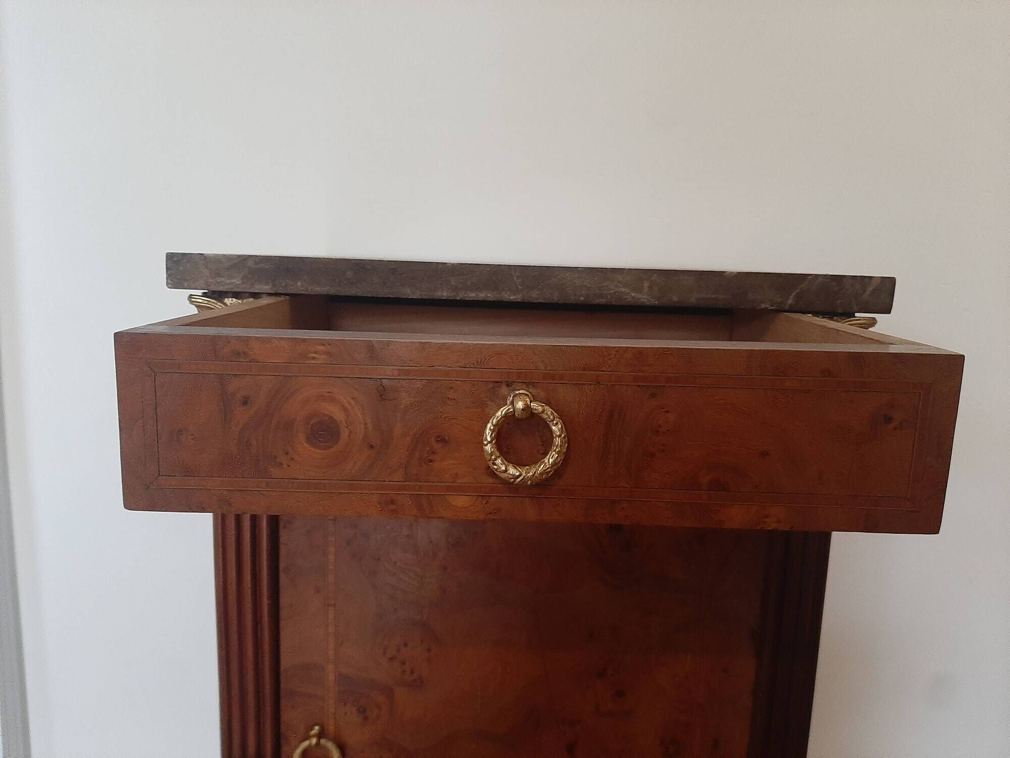 pretty Louis XVI Style bedside cabinet - 1 drawer - 1 Elm Burl marble tray door
