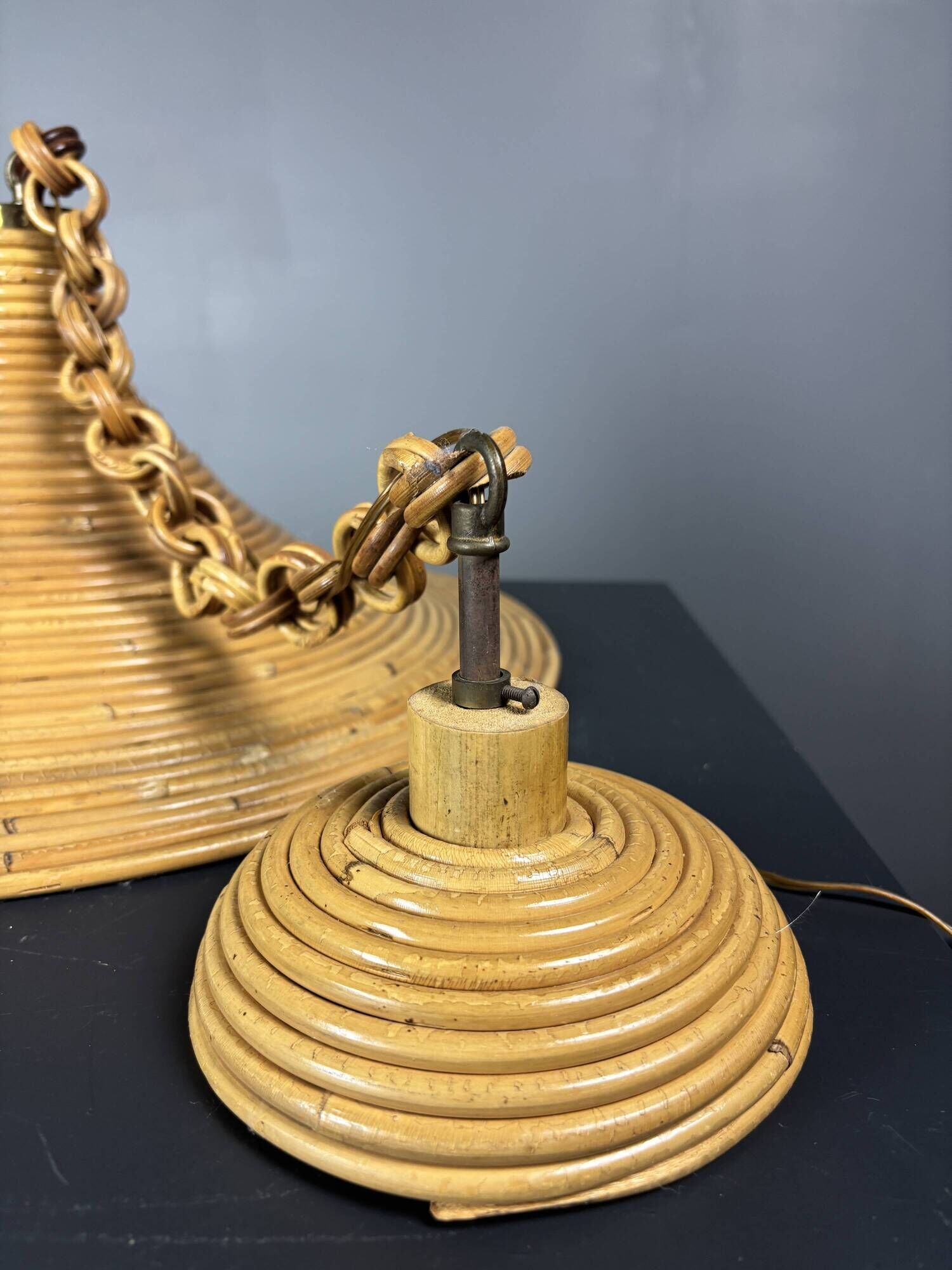 Mid-Century Italian witch hat pencil reed rattan bamboo and brass pendant