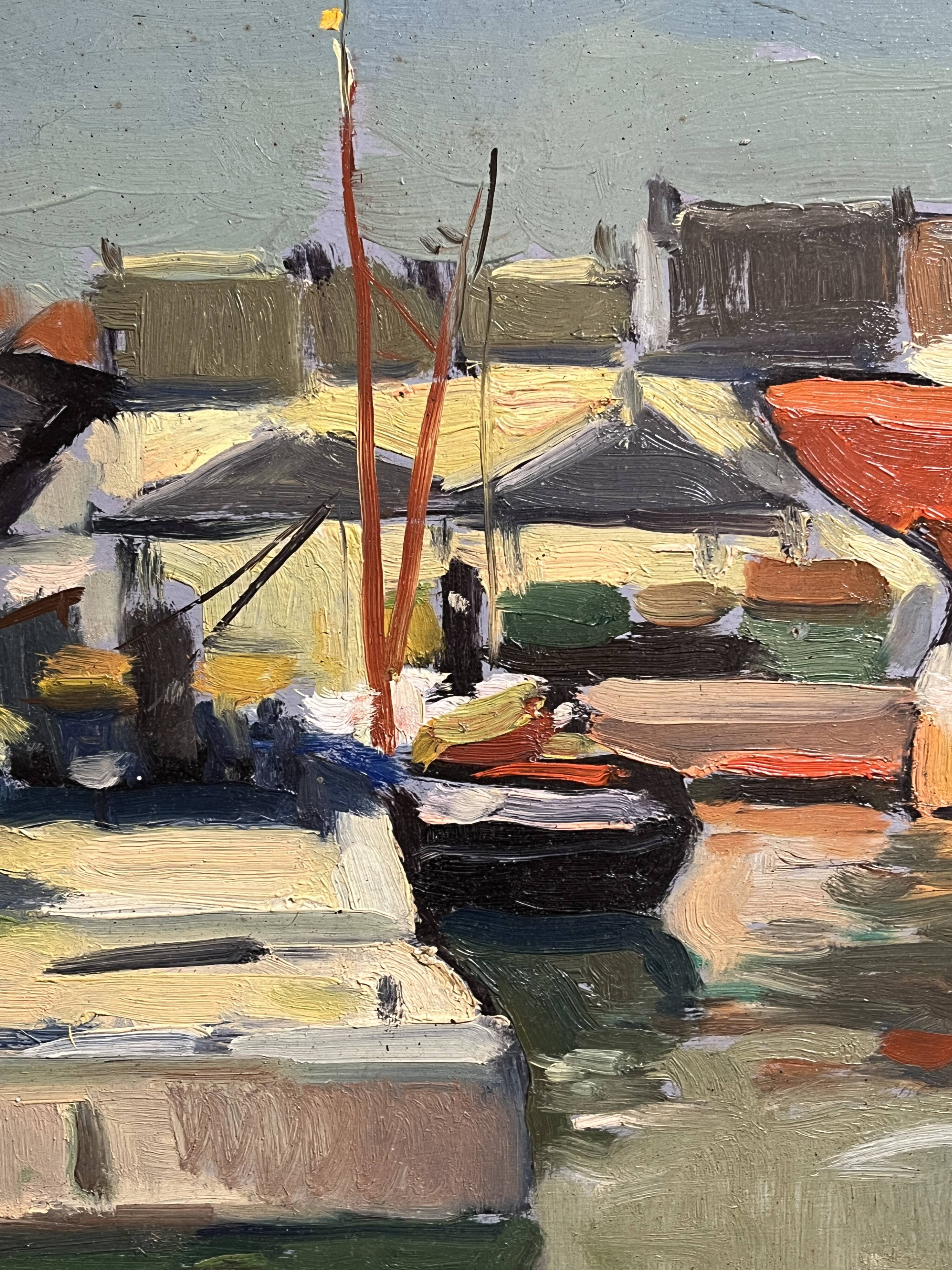 Oil on panel Boats in the port frame 20th century