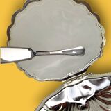 Vintage silver-plated metal and glass shell butter dish with knife