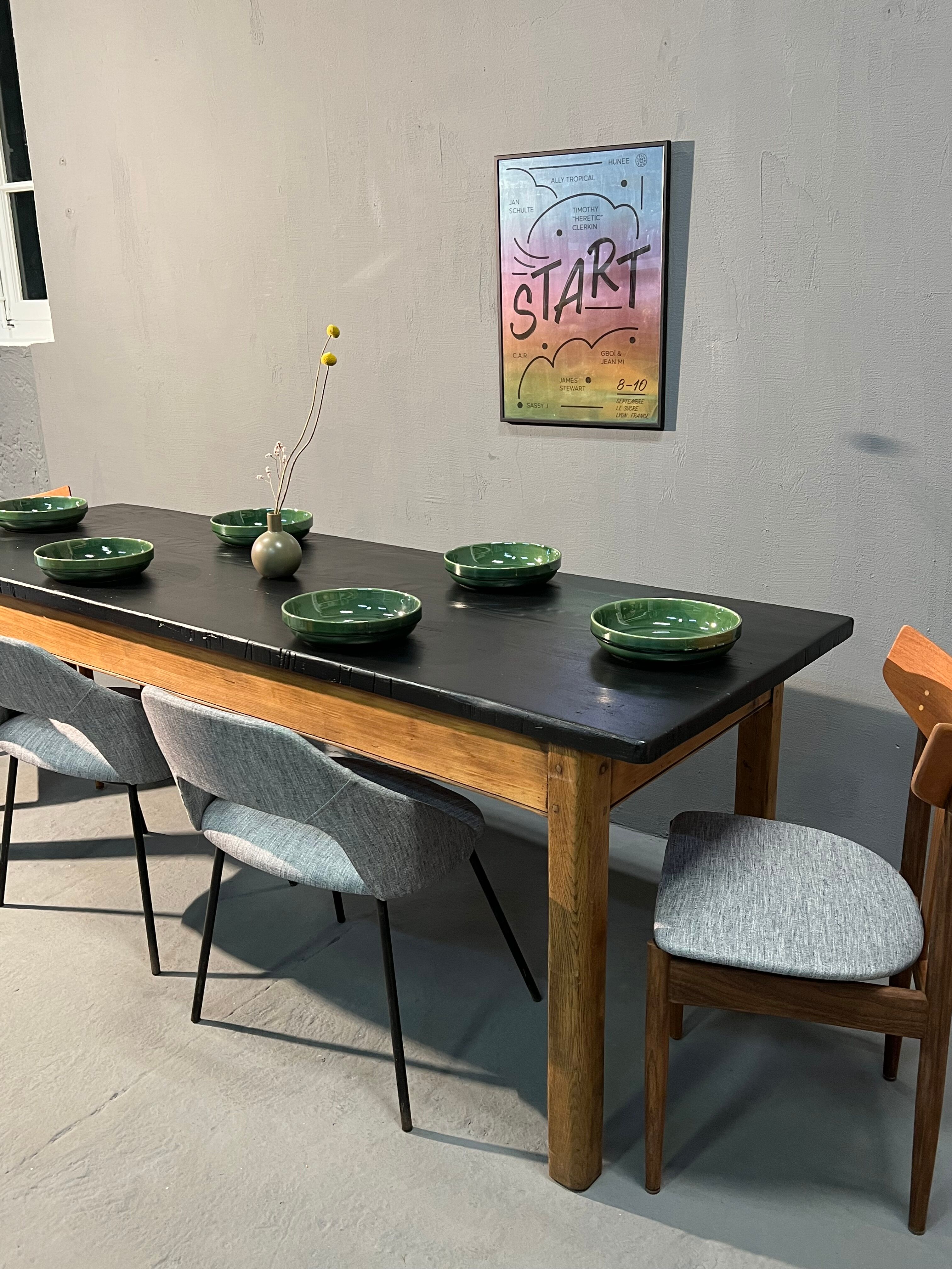 Oak farmhouse table, black top