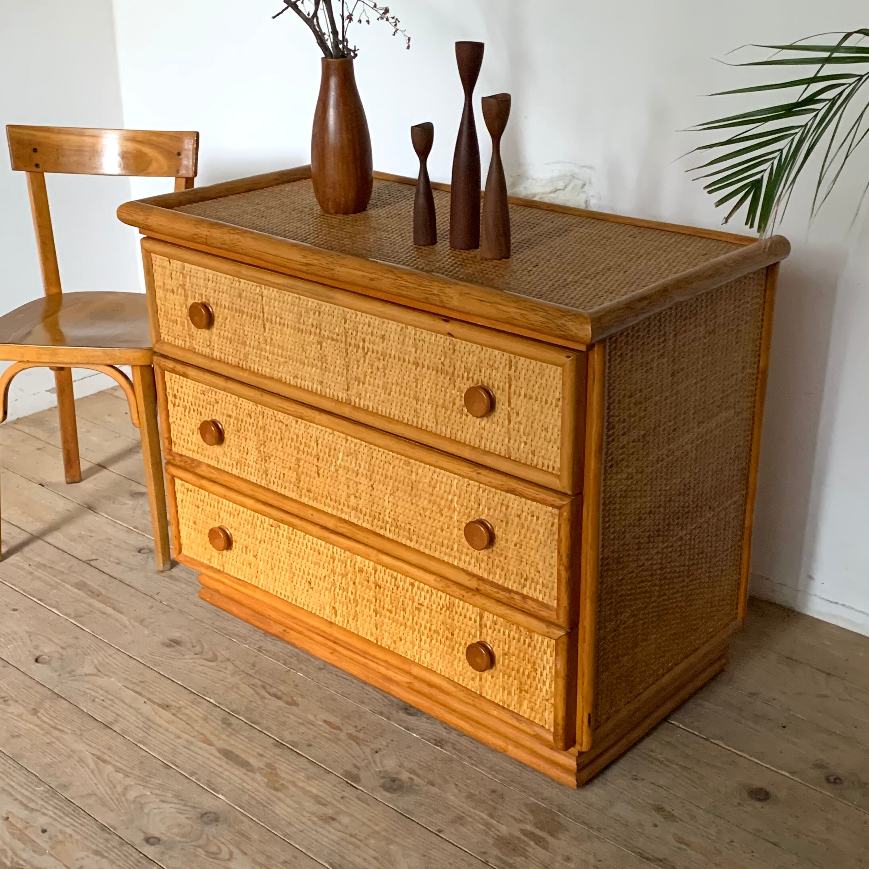 Commode vintage en rotin et bambou