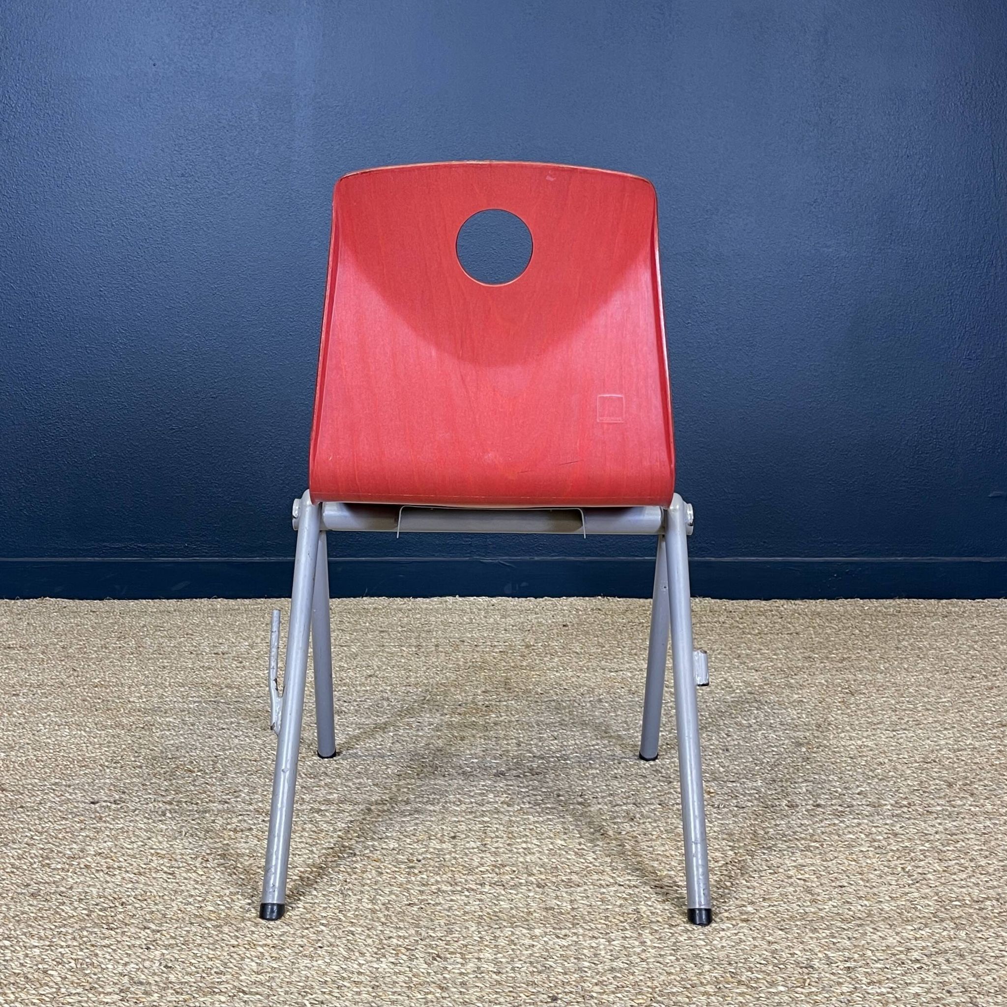 Set of 4 Galvanitas S30 raspberry red / gray steel chairs from the 70s