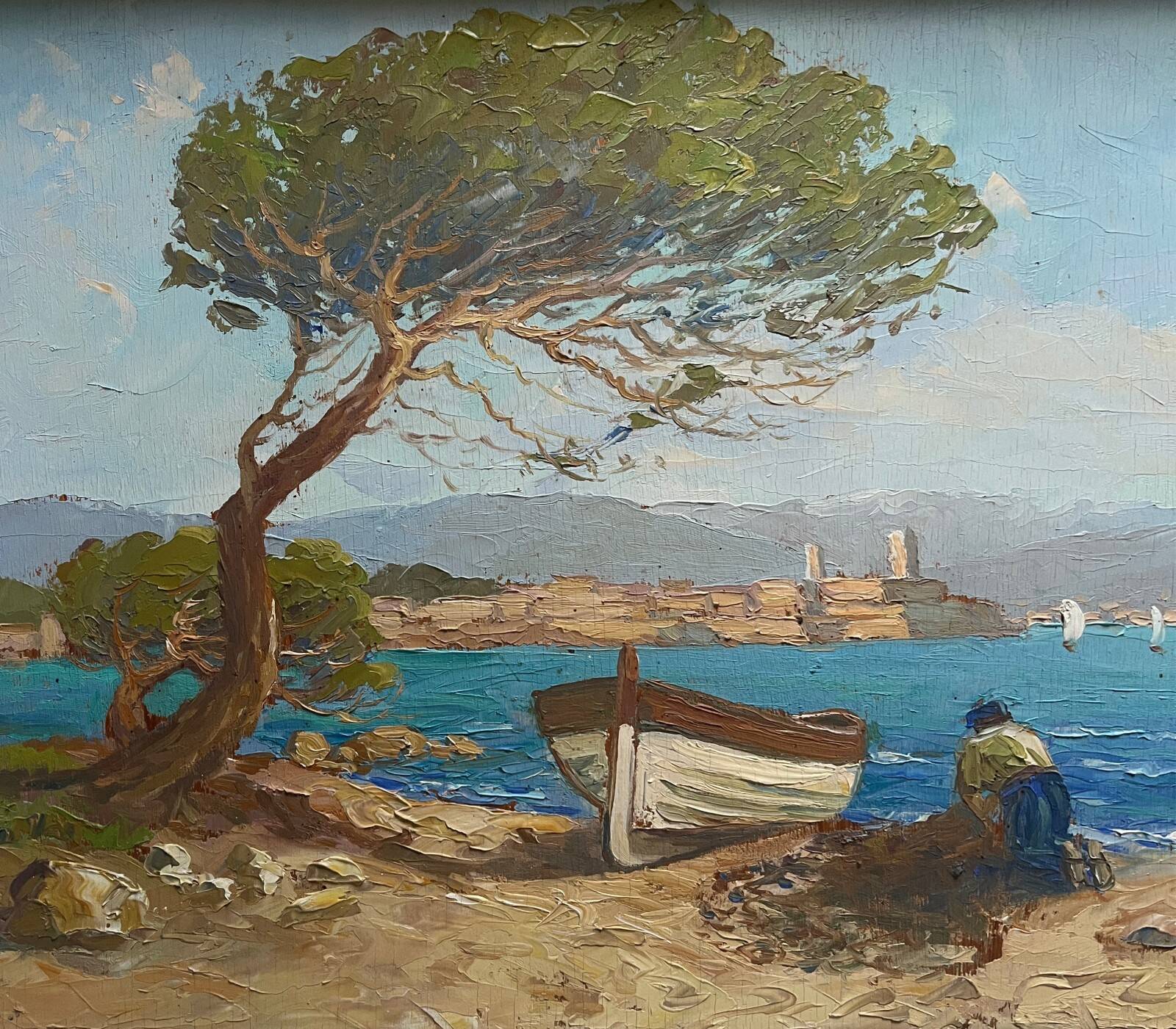 Tableau HSP "Mediterranean Sea" boat and fisherman signed Dorges
