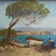 Tableau HSP "Mediterranean Sea" boat and fisherman signed Dorges
