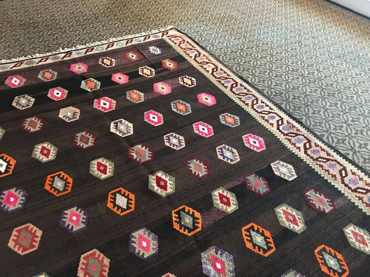 Old Black Anatolian Oushak Kilim Rug