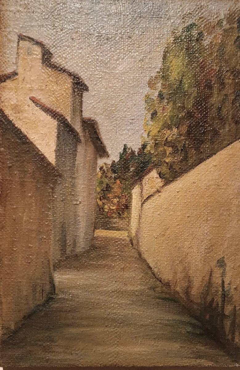 Antique painting from the late 19th century, a view of the village, oil on canvas