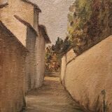 Antique painting from the late 19th century, a view of the village, oil on canvas