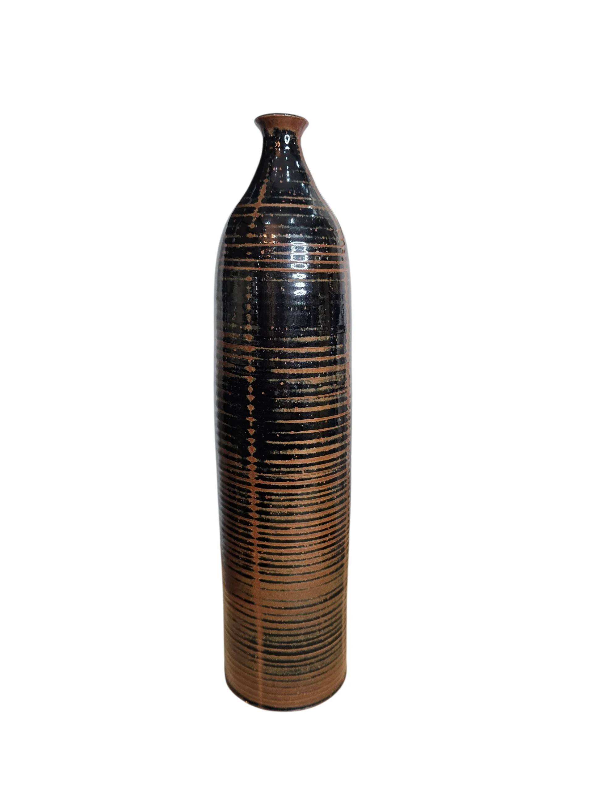 Glazed striped stoneware vase – Brown and black tones – Handmade – 1970s