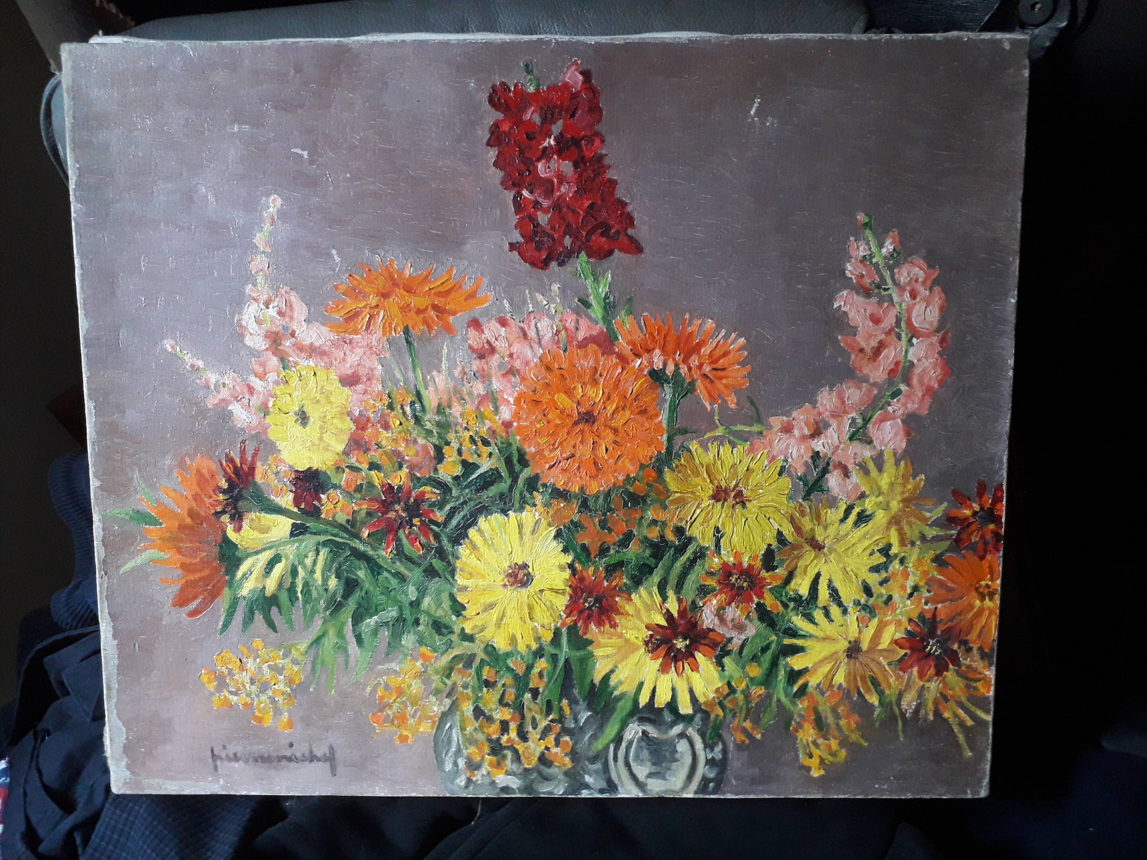 An old oil painting depicting a bouquet of flowers.