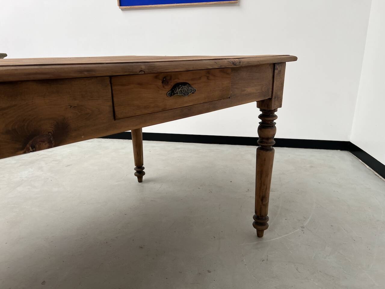 Antique farm table from the 1950s, with 3 drawers and turned legs