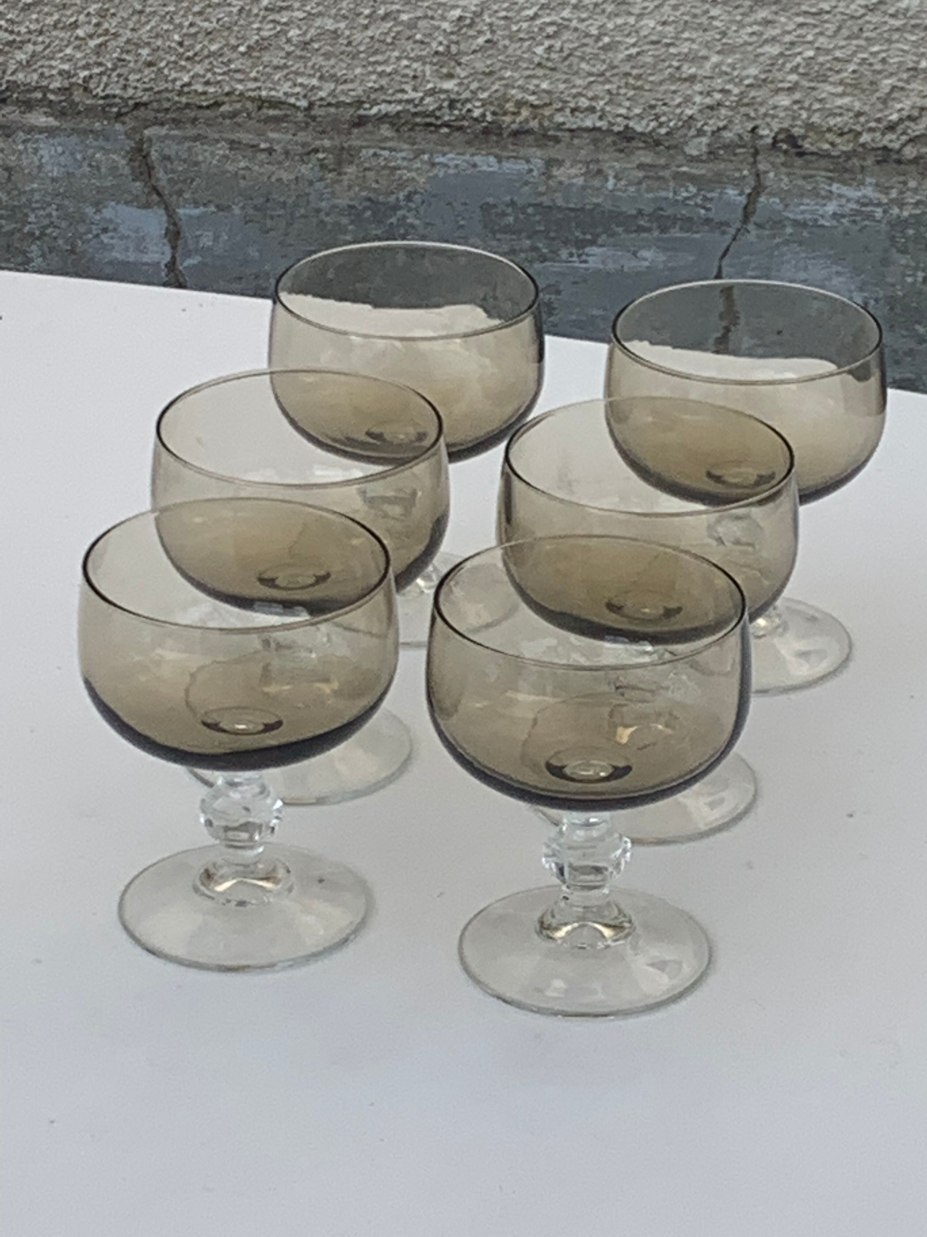 6 champagne glasses in brown and transparent glass vintage 1970