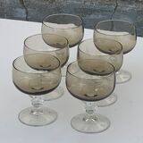 6 champagne glasses in brown and transparent glass vintage 1970