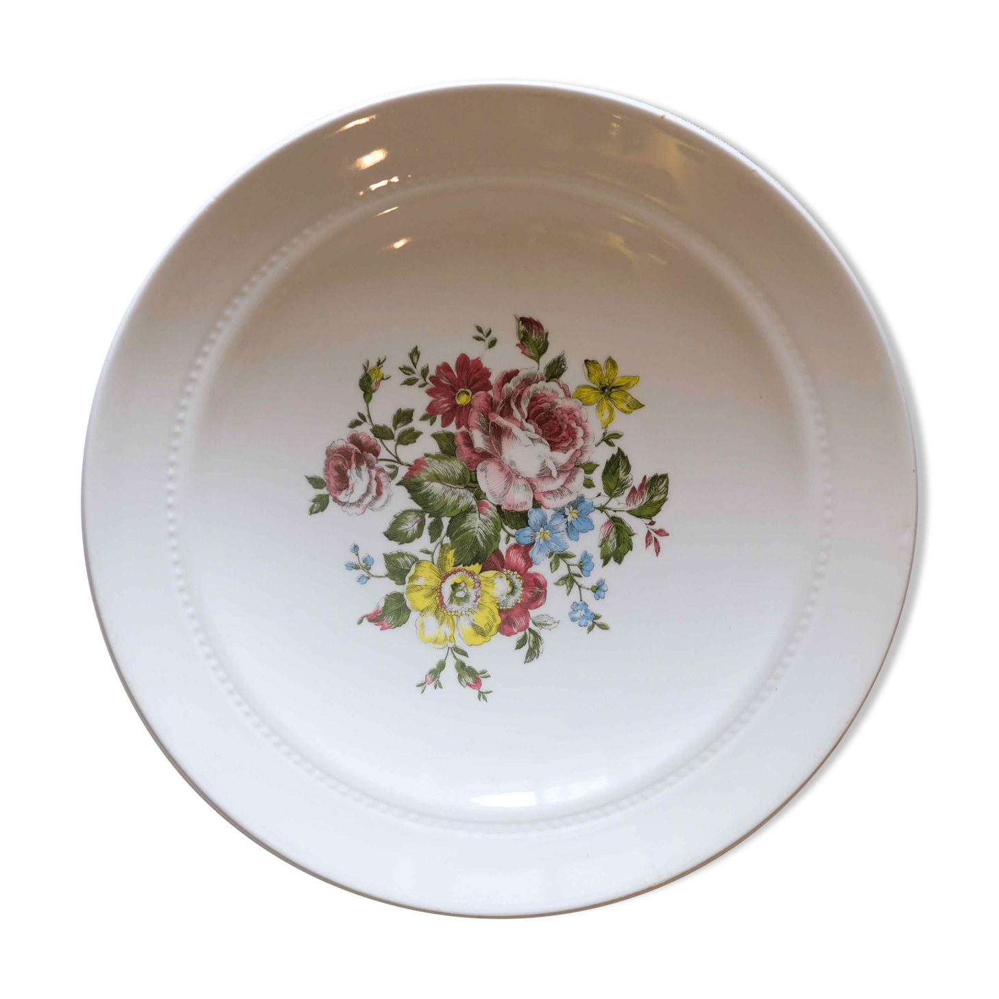 Flat faience of Lunéville China Keller & Guerin 1889 "Chaillot of Vercor" decoration in engraving enhanced drawing flowers