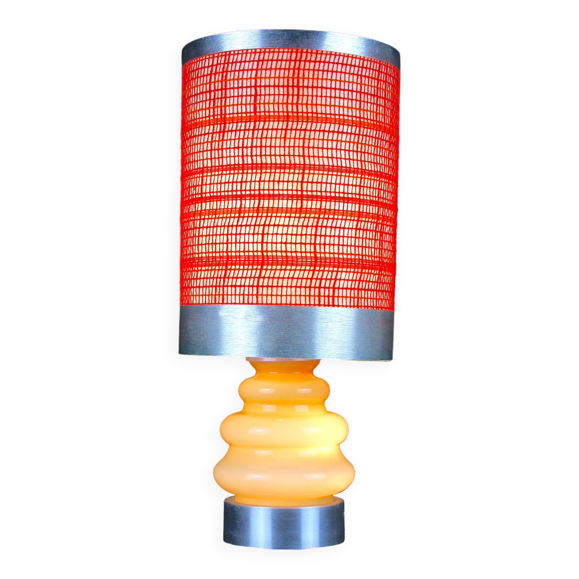 Seventies chrome & ceramic lamp, with original wool lampshade, France 1970s