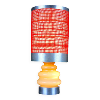 Seventies chrome & ceramic lamp, with original wool lampshade, France 1970s