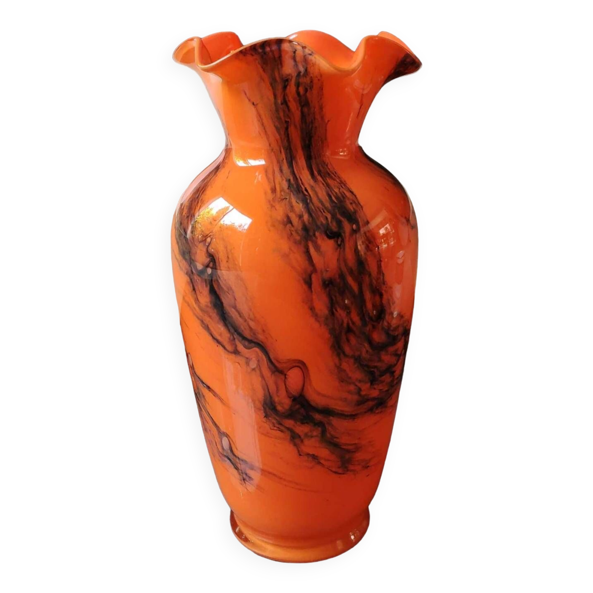 Corolla floral base. In blown Art glass, Murano Italy style. Black plumes of smoke. High 24 cm