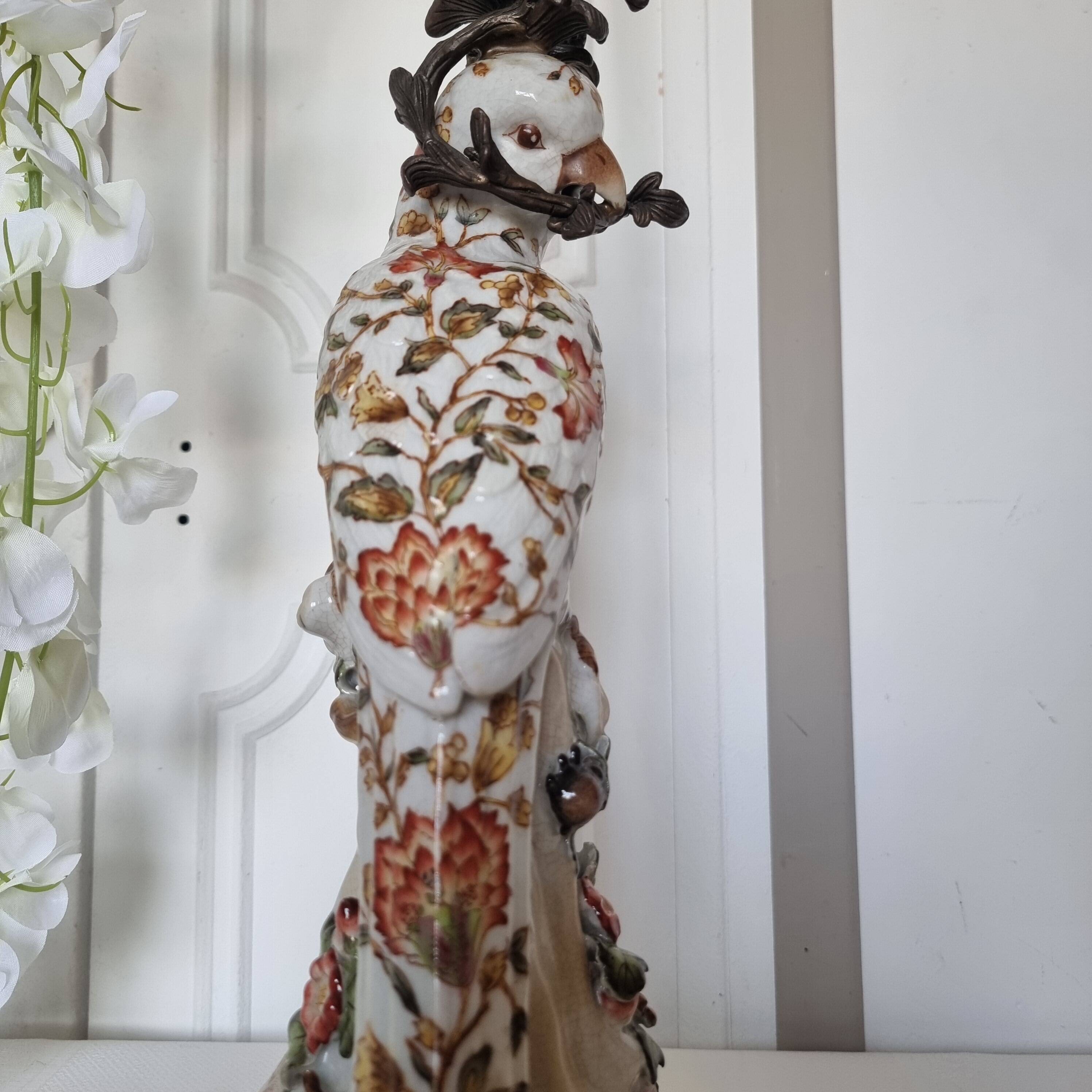 Parrot Candle Holder, Enameled Porcelain and Bronze, Late 19th Century