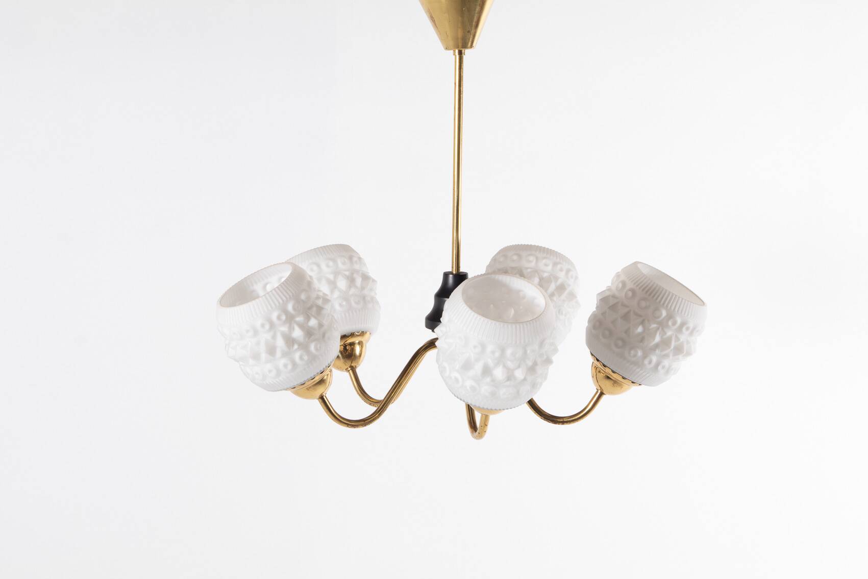 White crystal shades brass ceiling lamp, Sweden 1950’s