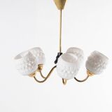 White crystal shades brass ceiling lamp, Sweden 1950’s