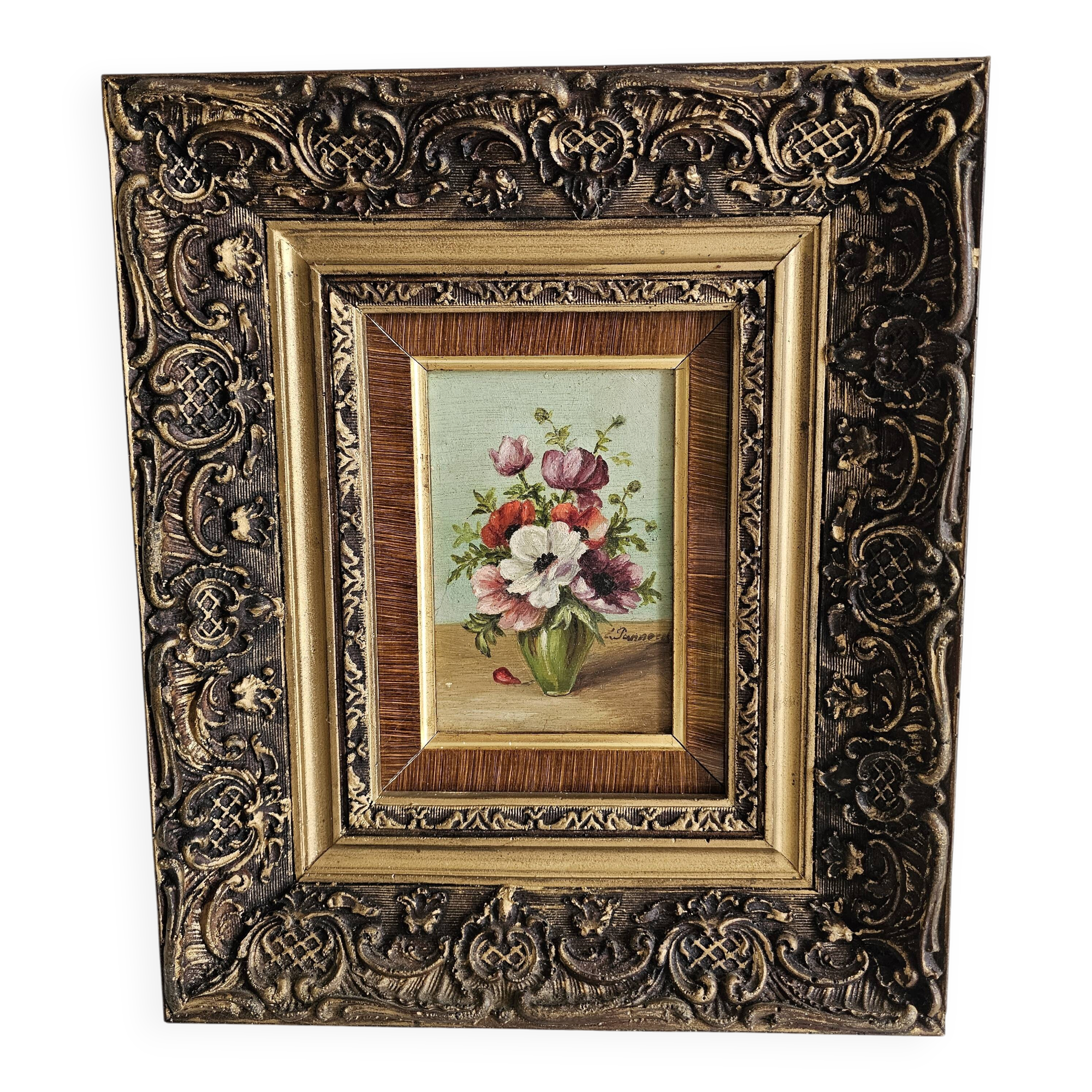 Tableau Oil on Wood - Bouquet of Polychrome Flowers Signed in Soft Frame