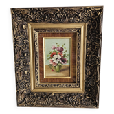 Tableau Oil on Wood - Bouquet of Polychrome Flowers Signed in Soft Frame