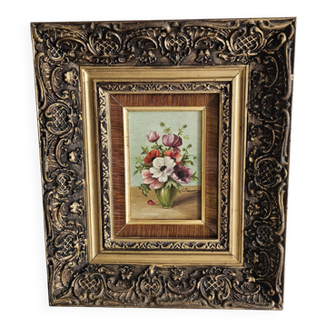 Tableau Huile sur Bois - Bouquet de fleurs polychromes Signé dans cadre mou