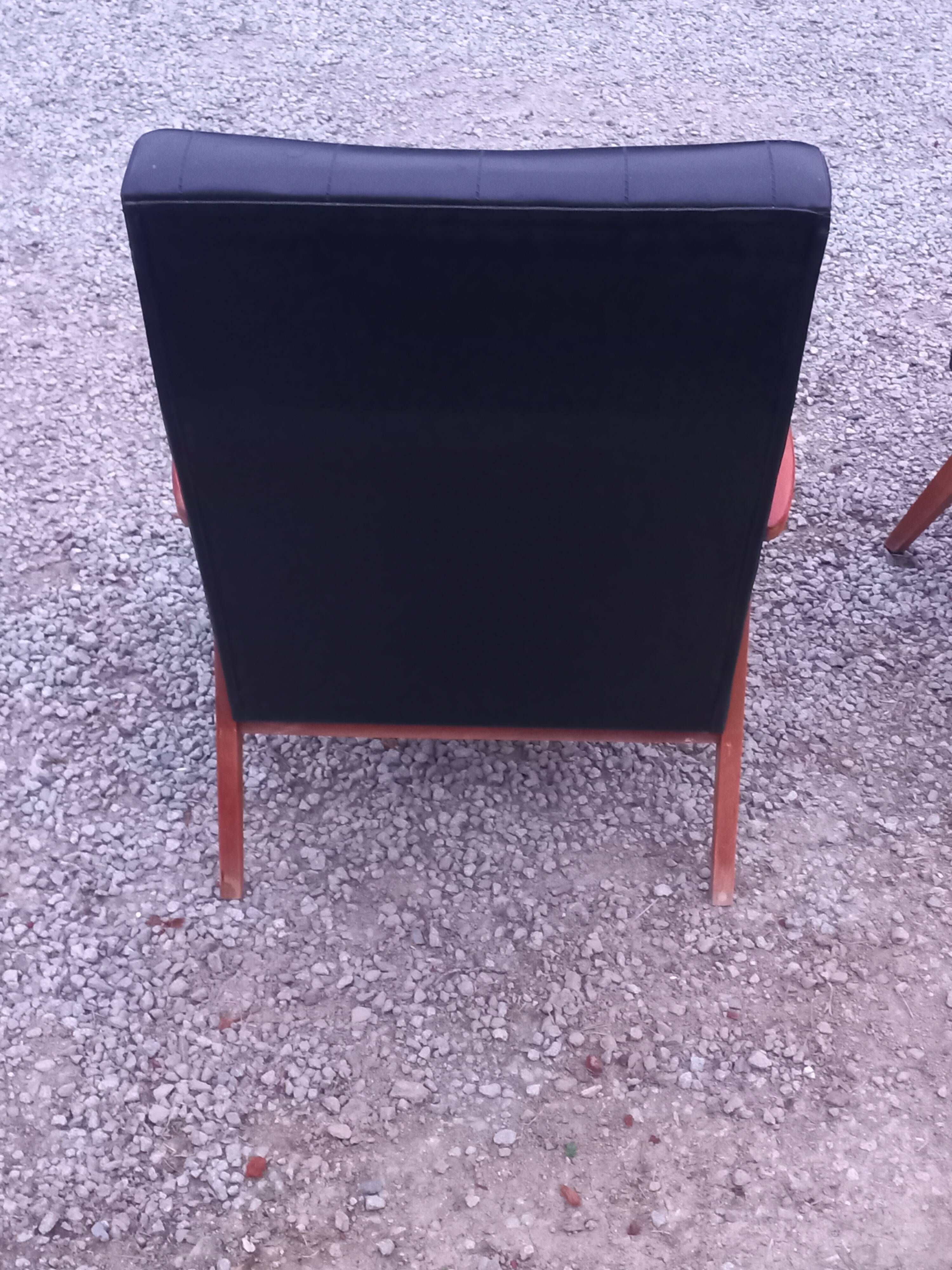 Pair of vintage beech armchairs feet compass covered with black moleskine from the 50s