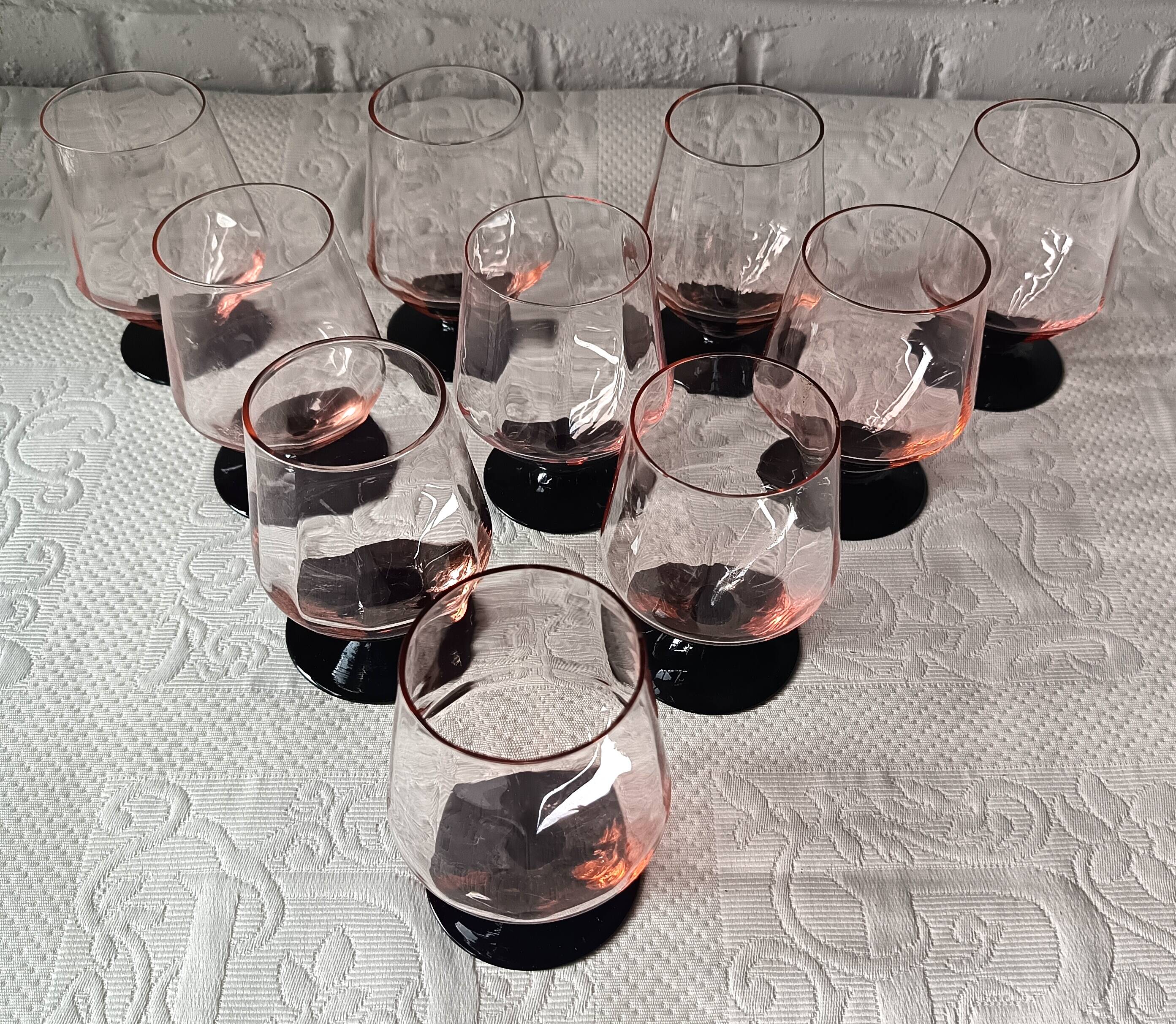 10 large pink art deco glasses with black stem Vintage France