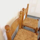 Suite of 6 vintage brutalist chairs in solid oak wood and straw from the 60s