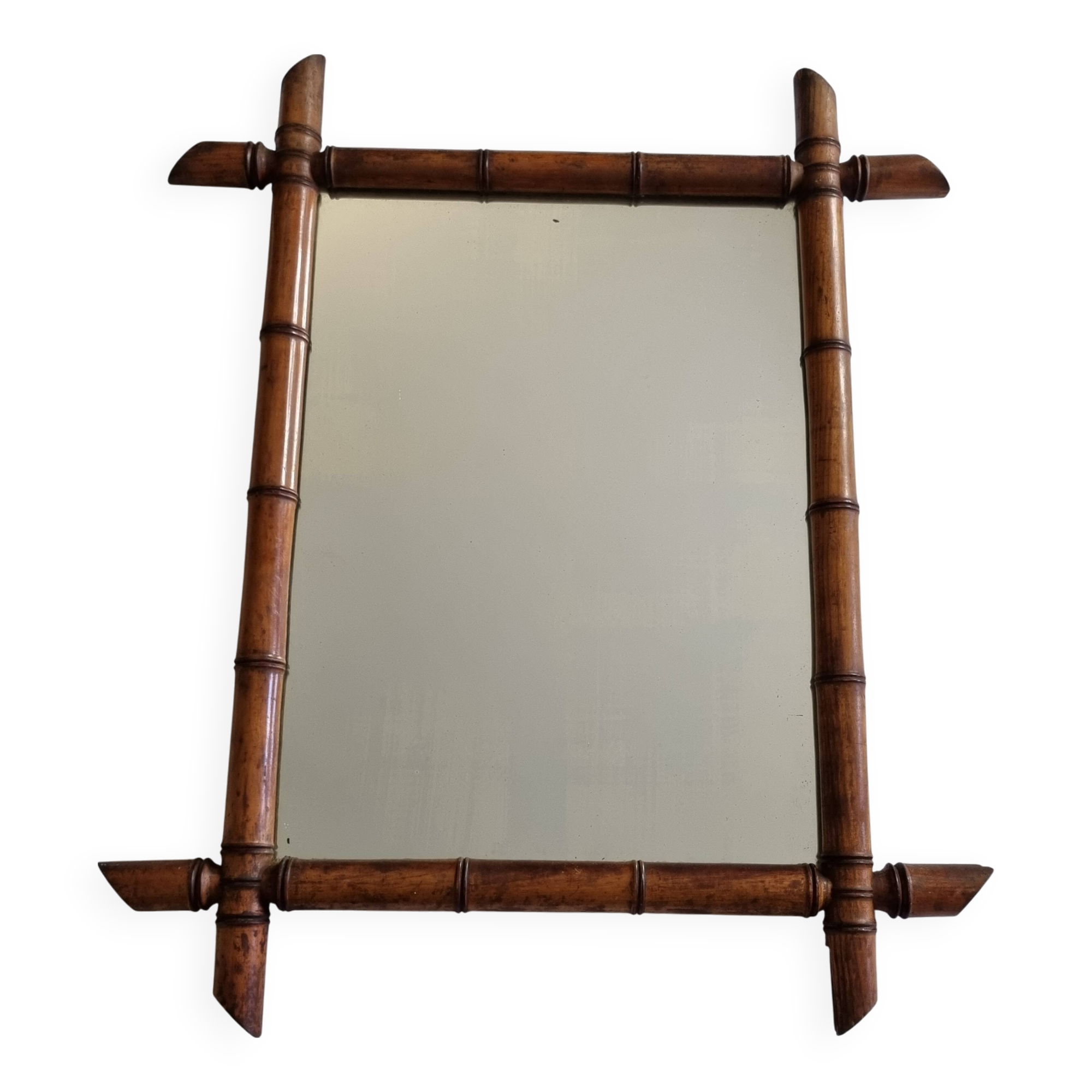 Large antique turned wood mirror in bamboo style, late 19th century, 58 x 45 cm