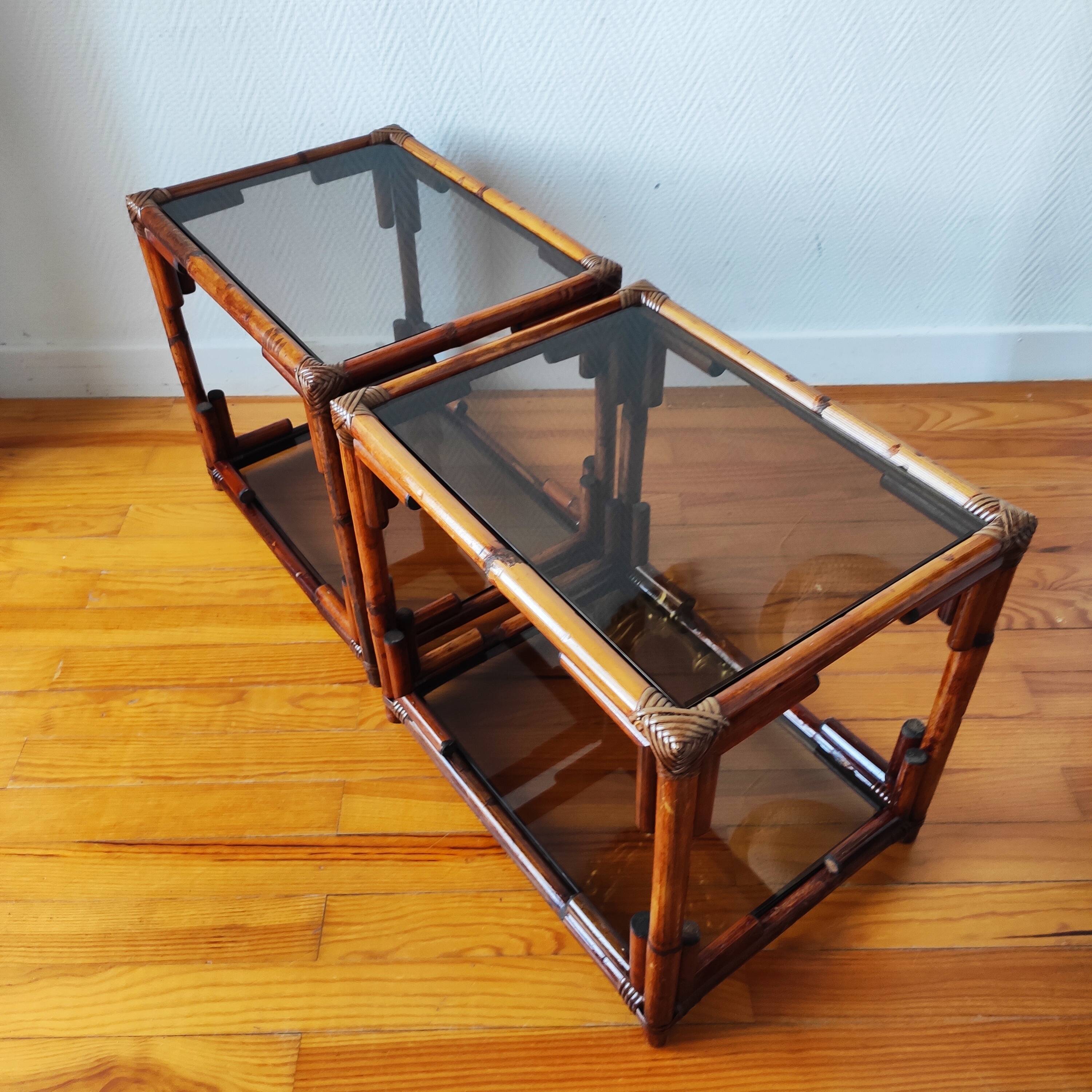 Pair of bedside tables - rattan smoked glass side tables vintage 70s-80s