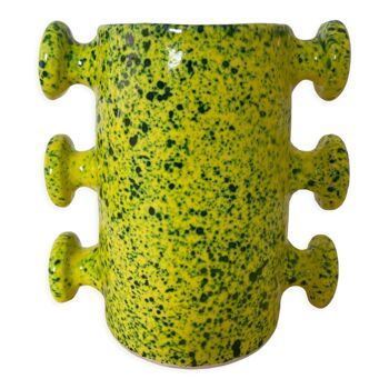 Handmade green speckled yellow ceramic vase with abstract handles