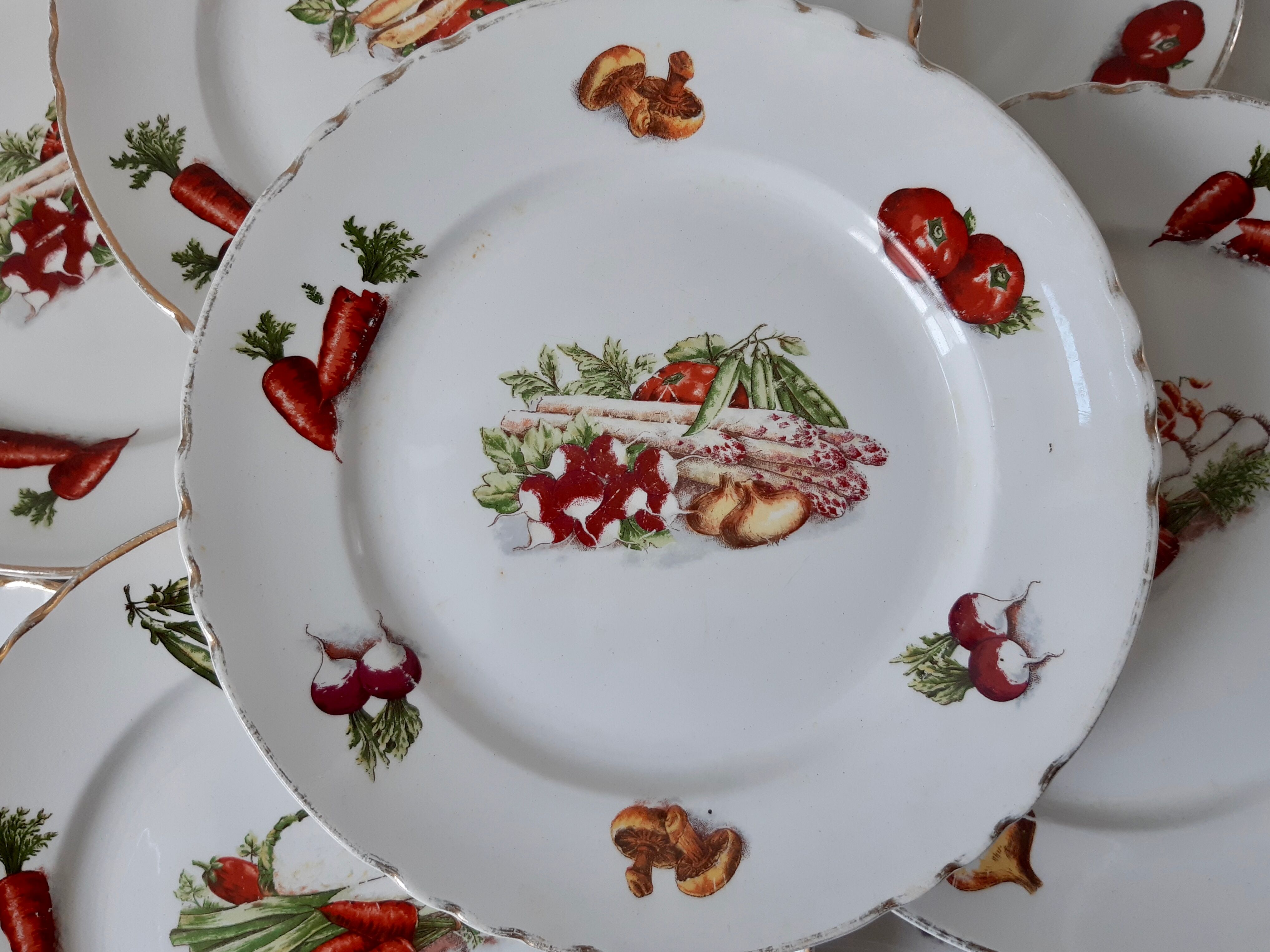 Set of 9 flat plates vintage vegetables