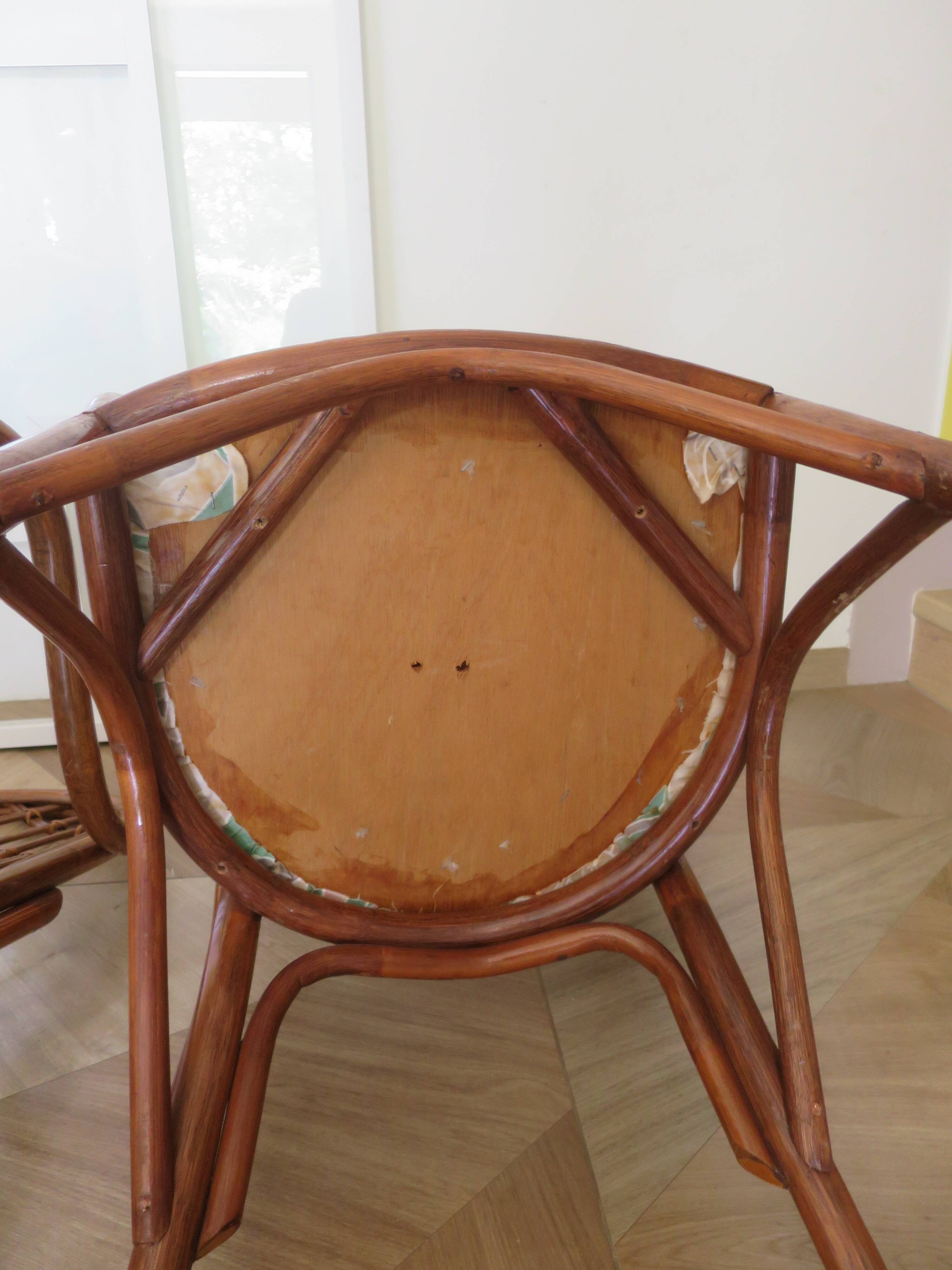Vintage lot of 2 woven bamboo rattan armchairs - Curved wood - 1980s
