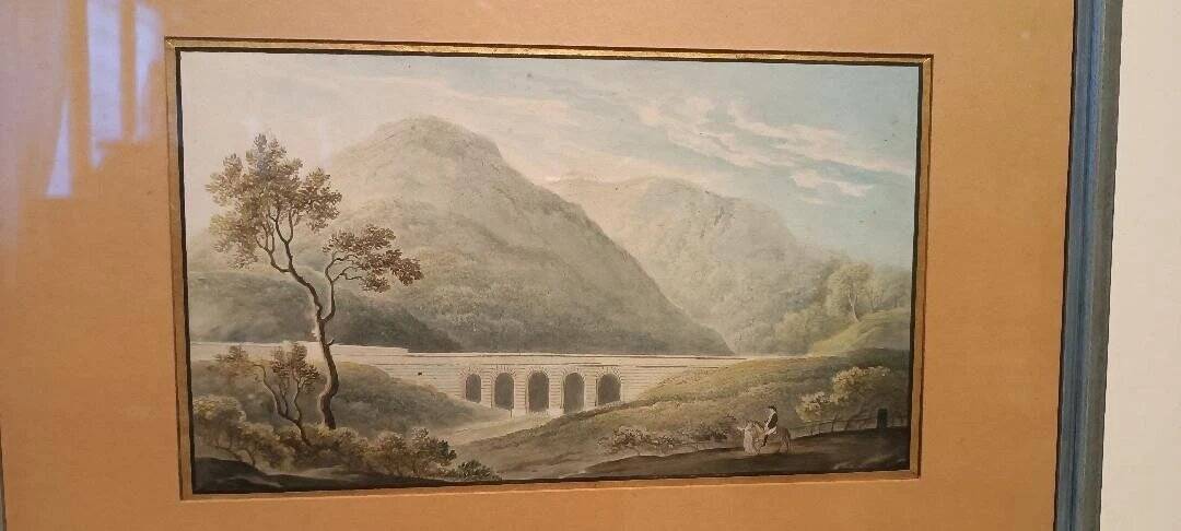 19th Century Watercolour on Paper – Landscape with Aqueduct and Bridge