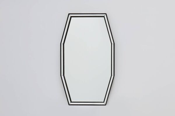 Miroir octogonal graphique du milieu du siècle avec cadre en bois noir et miroir,