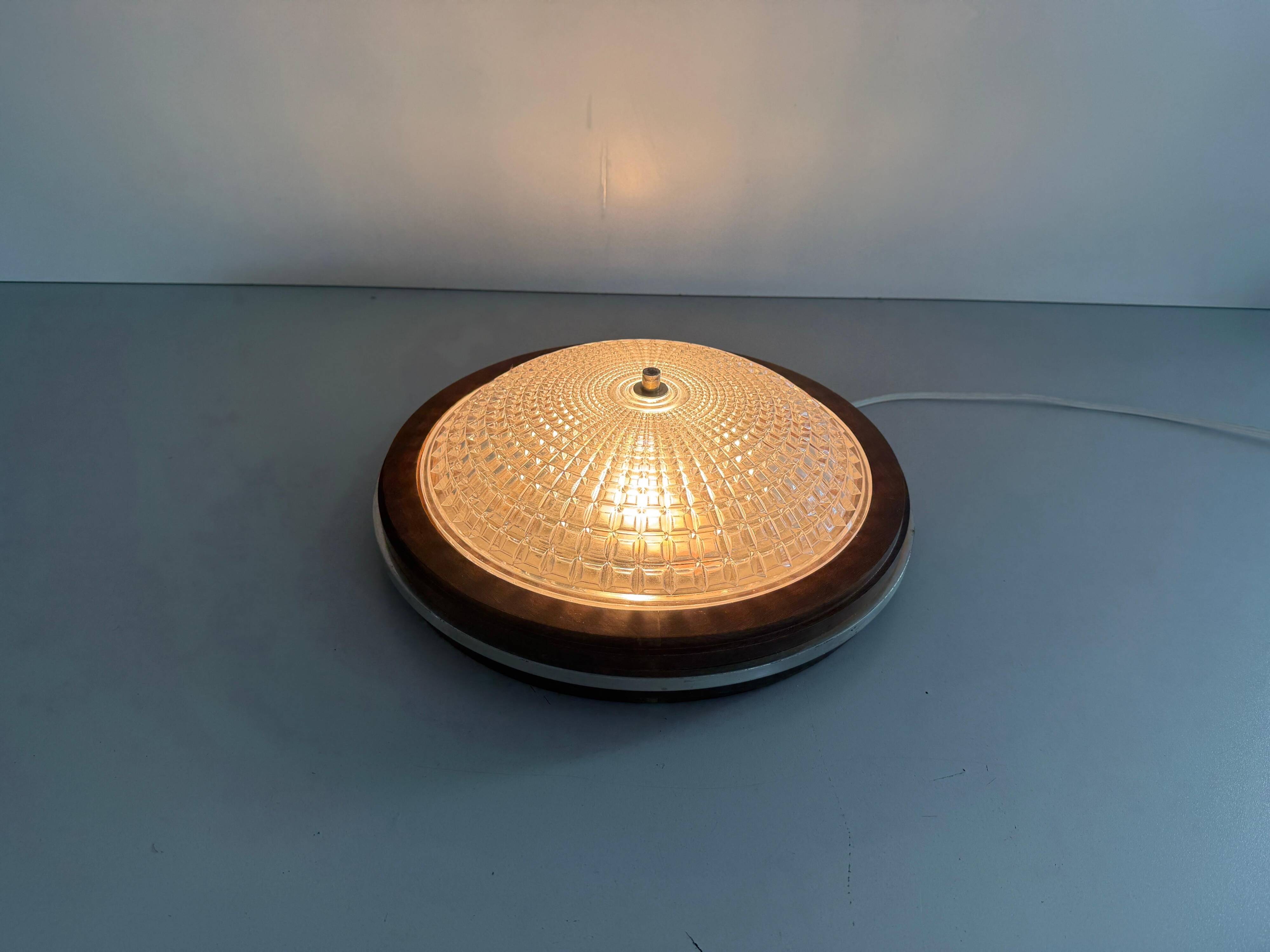 Flush mount in glass crystal and mahogany wood base, 1960s, Switzerland