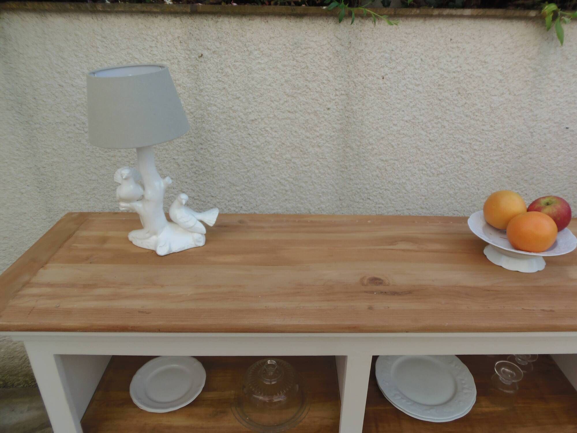 Craft furniture enhanced in pearl gray, shelves and top in raw wood.